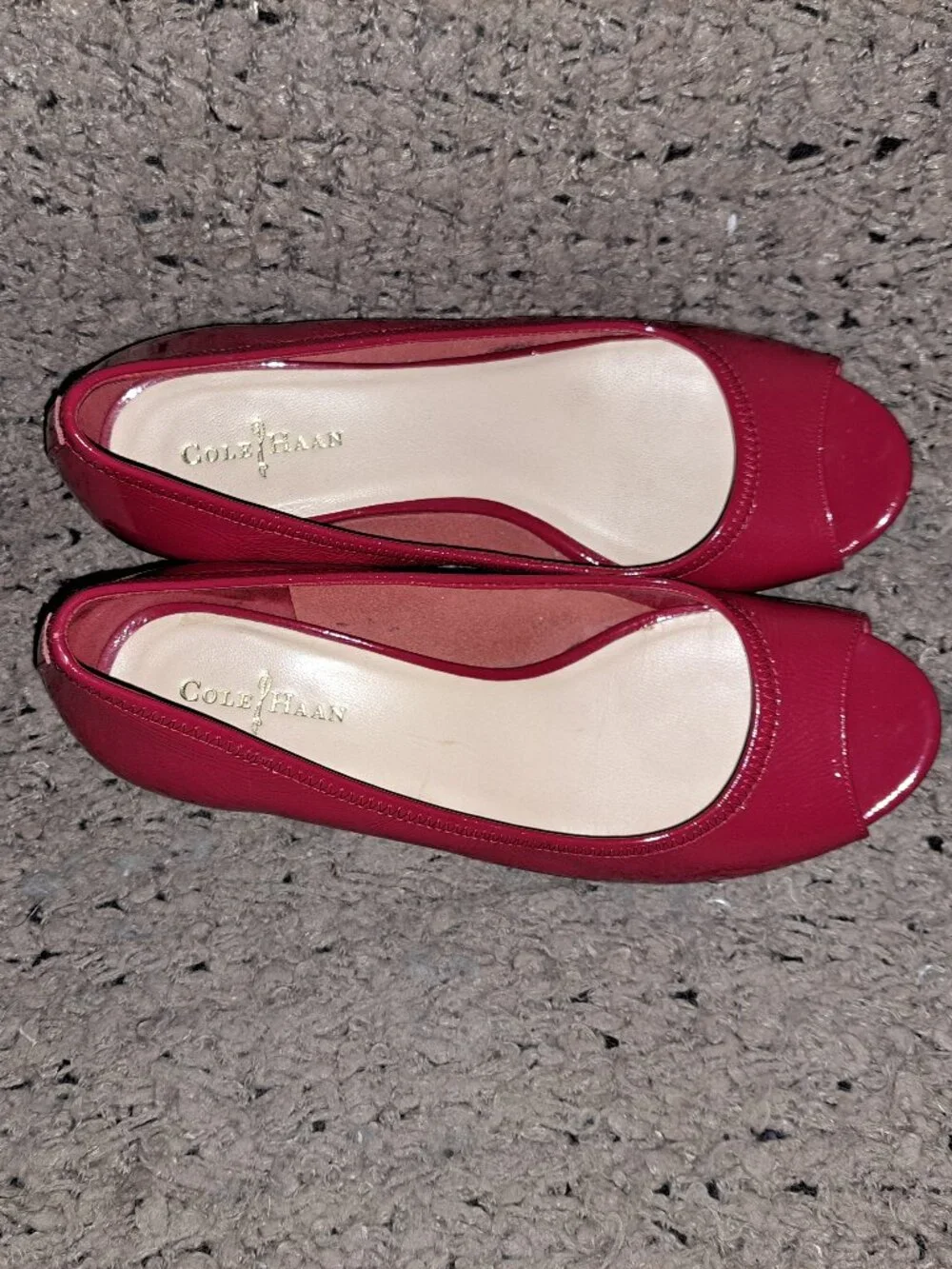 COLE HAAN- Cherry Red Patent Leather-Peep Toe Espadrille Wedge-Sz 6-Near Mint